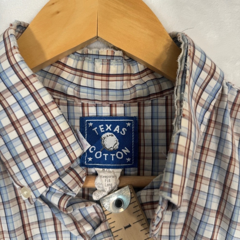 Vintage 90s Texas Cotton Blue Brown Plaid Button Down Shirt Large - Picture 4 of 8